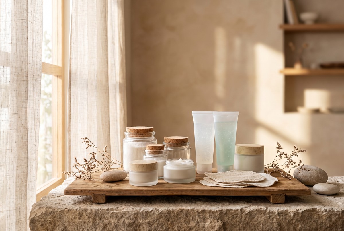 A neat row of assorted unbranded creams, gels and patches arranged on a wooden tray, soft warm daylight, calm apothecary styling, photographed for Magellan Longevity's review of topical pain relief: what the evidence actually supports.