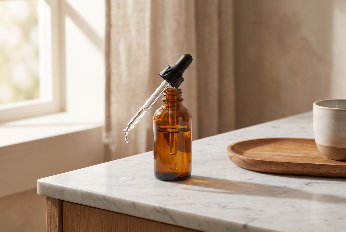 A glass dropper bottle of clear serum catching soft sunlight on a white marble counter, a single droplet suspended, calm minimalist styling, photographed for Magellan Longevity's review of the mask that appears uninvited, and the molecule that fades it.