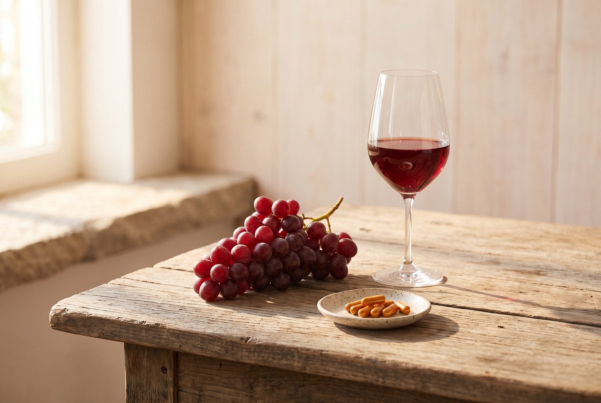 A bunch of red grapes and a glass of red wine beside a small dish of capsules on a rustic wooden table, warm light, photographed for Magellan Longevity's review of the molecule that made yeast live longer — and what it actually does in people.