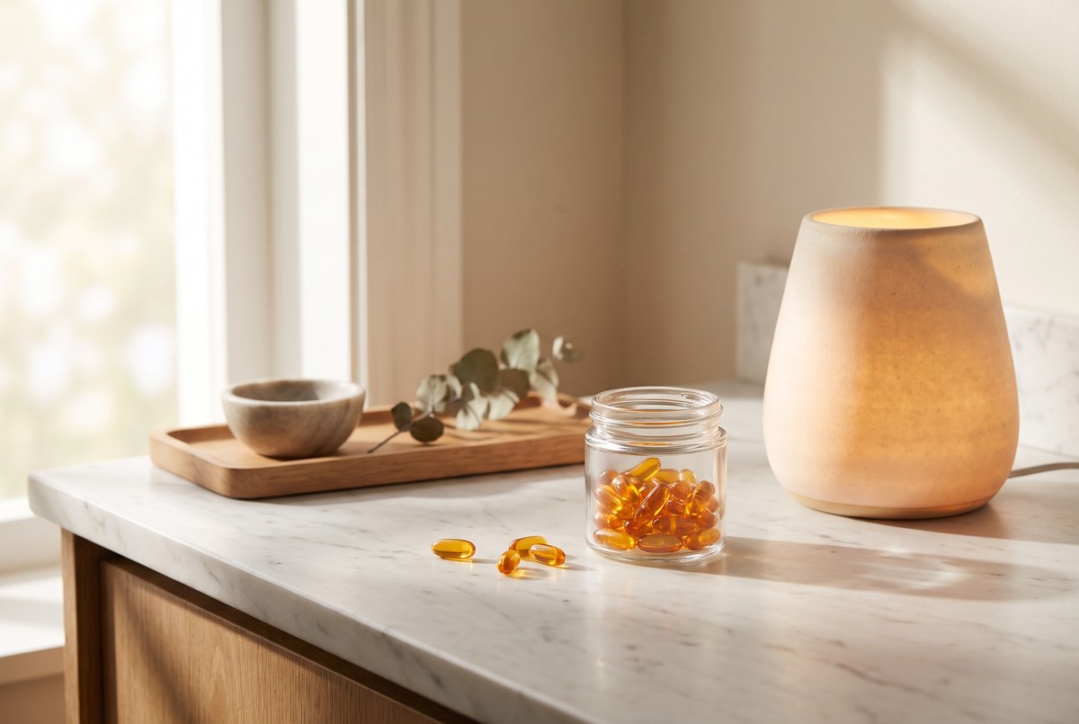A small glass jar of golden-orange softgel capsules resting on a marble counter beside a gently glowing warm light source, photographed for Magellan Longevity's review of the molecule your mitochondria already make: what human trials actually show for ubiquinol.