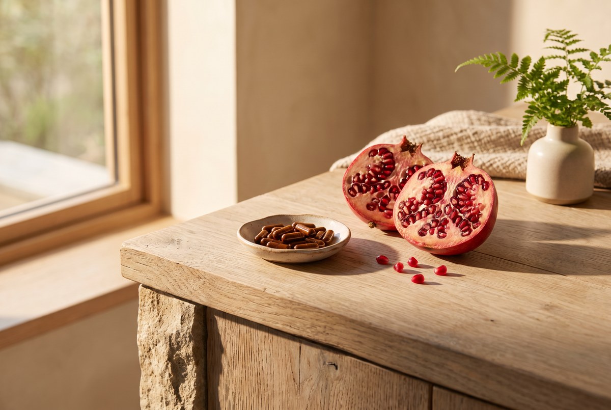 A ripe pomegranate cut open beside a small dish of dark capsules on a wooden counter, warm jewel-toned sunlight, photographed for Magellan Longevity's review of urolithin a (mitopure) and muscle: what the mitophagy trials actually show.