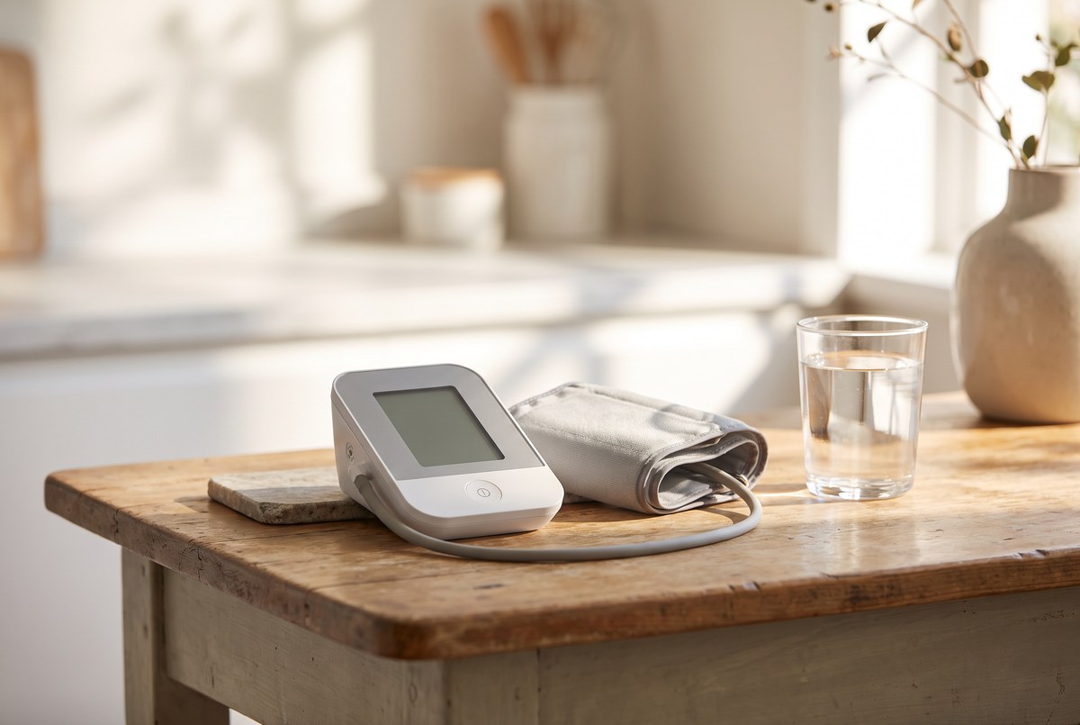 A clean unbranded blood-pressure monitor with its cuff neatly coiled, resting on a sunlit kitchen table beside a glass of water, morning light, photographed for Magellan Longevity's review of what a home blood pressure monitor must actually prove.