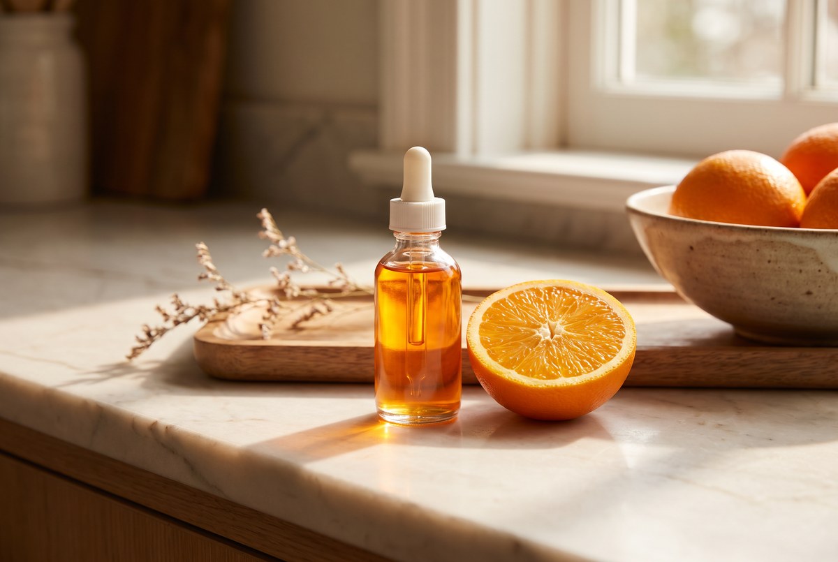 A glass dropper bottle of bright golden-orange serum beside a halved orange on a sunlit marble counter, fresh citrus light, photographed for Magellan Longevity's review of one face, two fates: the half-side experiment behind vitamin c serum.