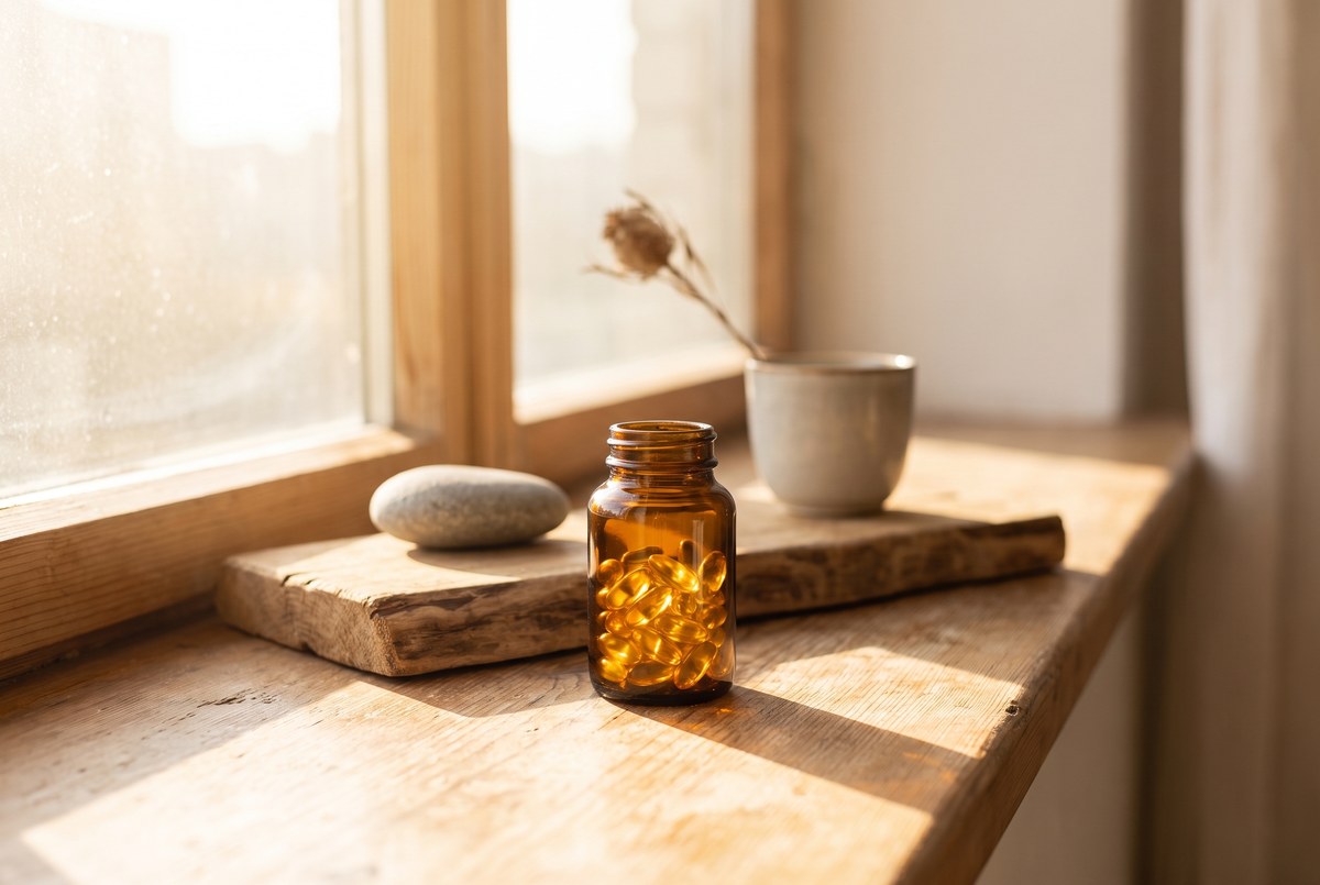 A small amber glass bottle of golden softgel capsules catching warm sunlight on a wooden windowsill, sunbeam streaming through, photographed for Magellan Longevity's review of more vitamin d is not more longevity.