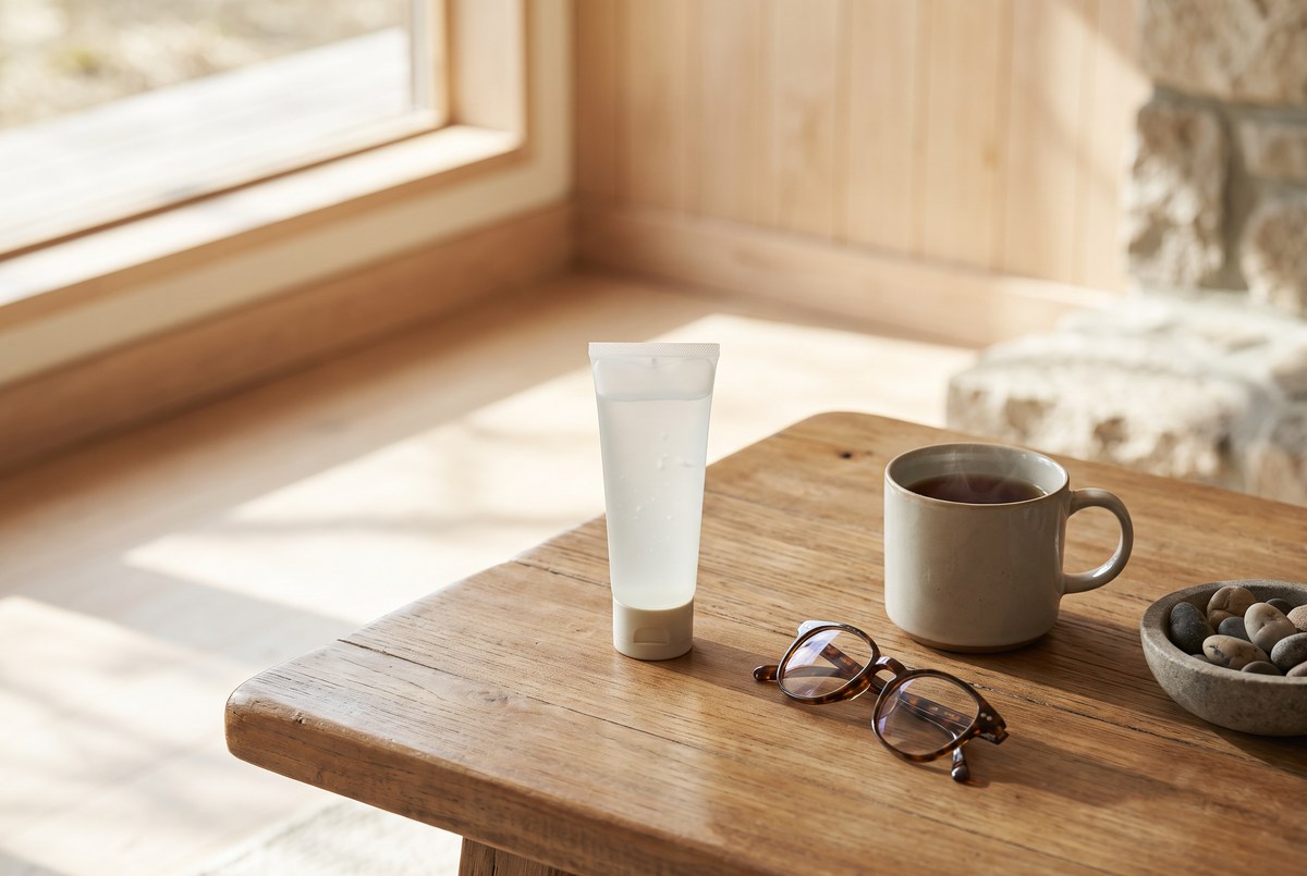 An unbranded tube of gel resting on a wooden table beside a pair of reading glasses and a warm cup of tea, soft light, photographed for Magellan Longevity's review of voltaren arthritis pain gel: local relief without the systemic risks.
