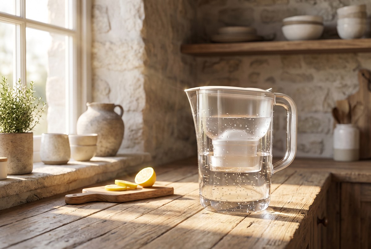 A reverse-osmosis water filter pitcher with clear water catching sunlight on a wooden kitchen counter, droplets sparkling, fresh morning light, photographed for Magellan Longevity's review of the strange inventory your tap water can carry — and the machine built to refuse it.