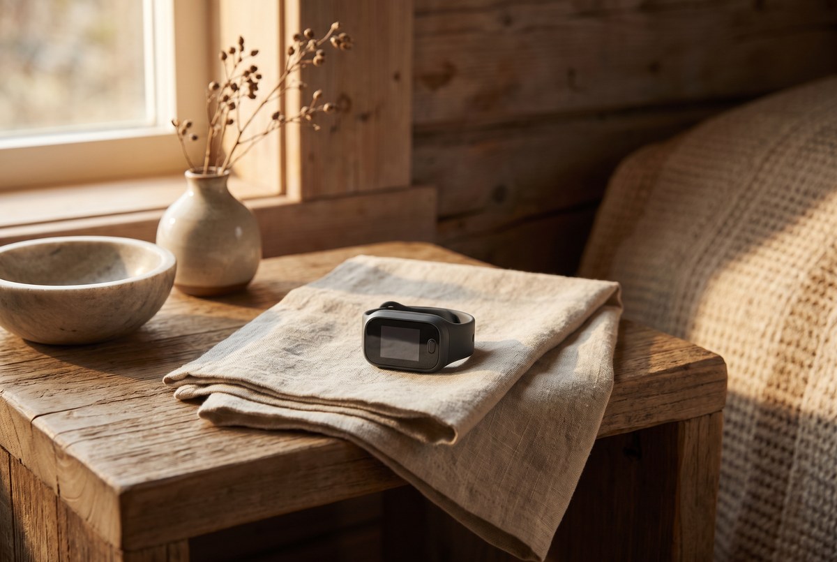 A small unbranded wrist-worn pulse oximeter resting on a folded linen cloth on a wooden nightstand, soft warm evening light, photographed for Magellan Longevity's review of two wavelengths of light, one number that matters at night.