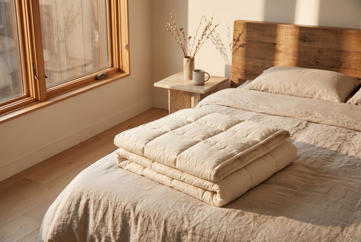 A thick quilted weighted blanket folded neatly on a sunlit bed with linen sheets, warm cozy afternoon light through a window, photographed for Magellan Longevity's review of ten percent of your body weight, folded over you: the quiet evidence for weighted blankets.