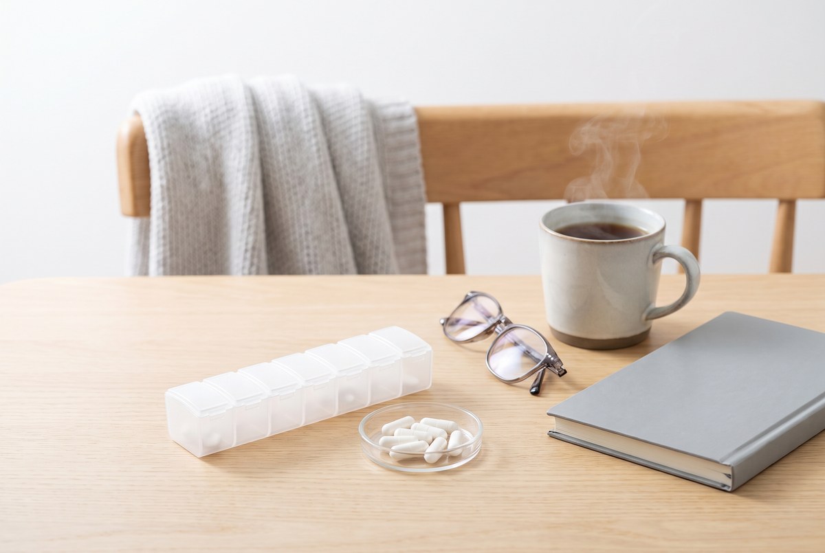 A bright morning still life on a kitchen table: an unlabeled weekly pill organizer, a small dish of white capsules, folded reading glasses, a steaming mug and a closed notebook with a blanket over the chair, photographed for Magellan Longevity’s evidence review of what caregiving does to the caregiver.