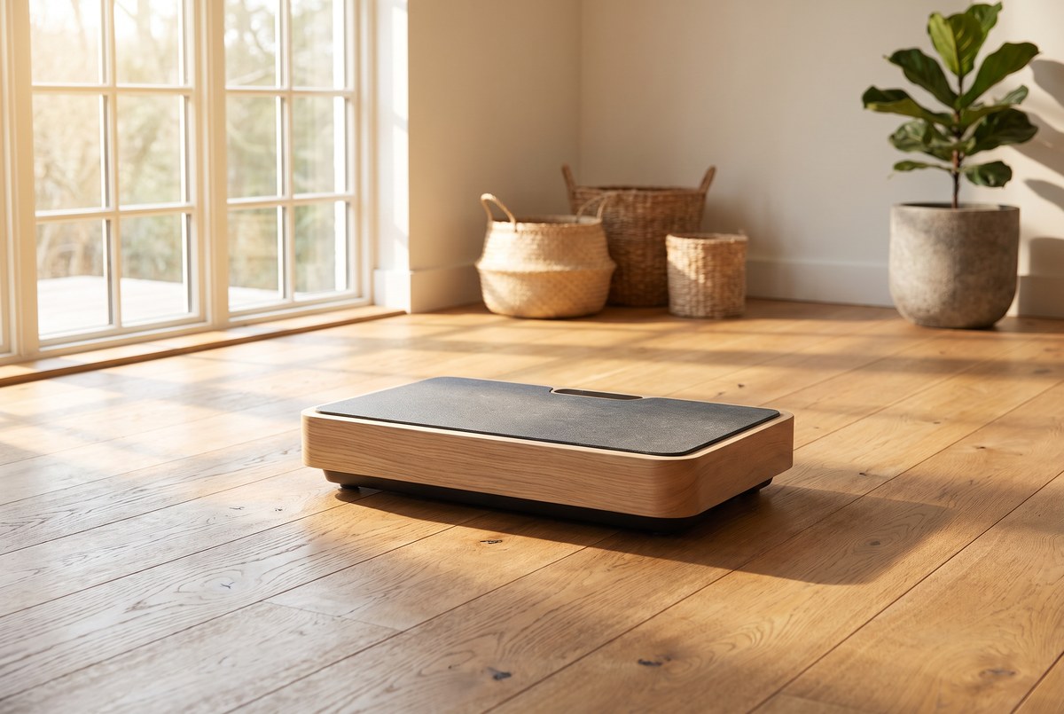 A modern minimalist vibration platform standing on a sunlit wooden gym floor, warm morning light, clean uncluttered composition, photographed for Magellan Longevity's review of stand still and shake: the strange, partly true science of vibration plates.