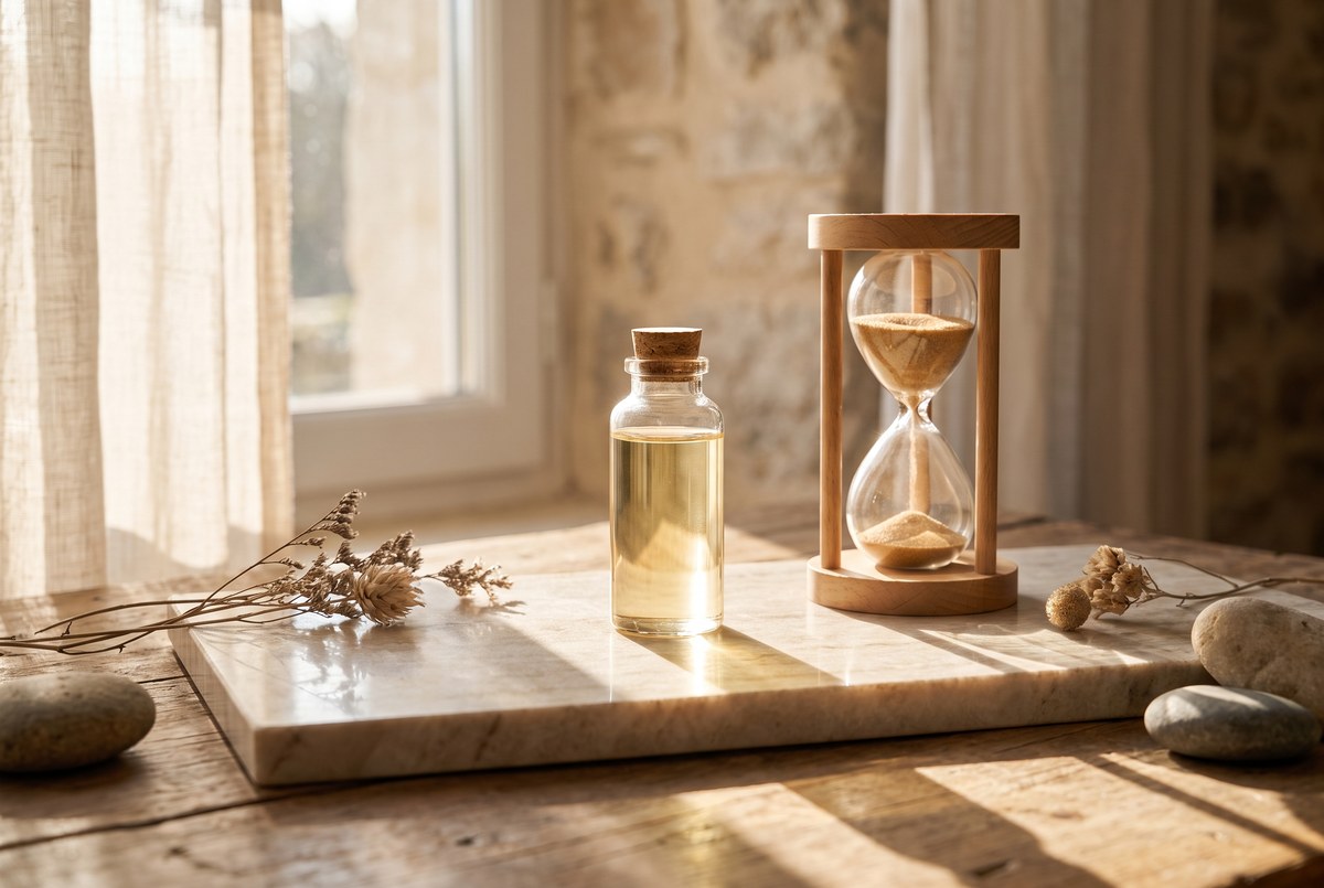 A glass IV vial of pale golden liquid standing upright on a marble surface beside an hourglass, soft clinical-meets-natural light, dramatic warm sunbeam, photographed for Magellan Longevity's review of young plasma is not a proven rejuvenation treatment.