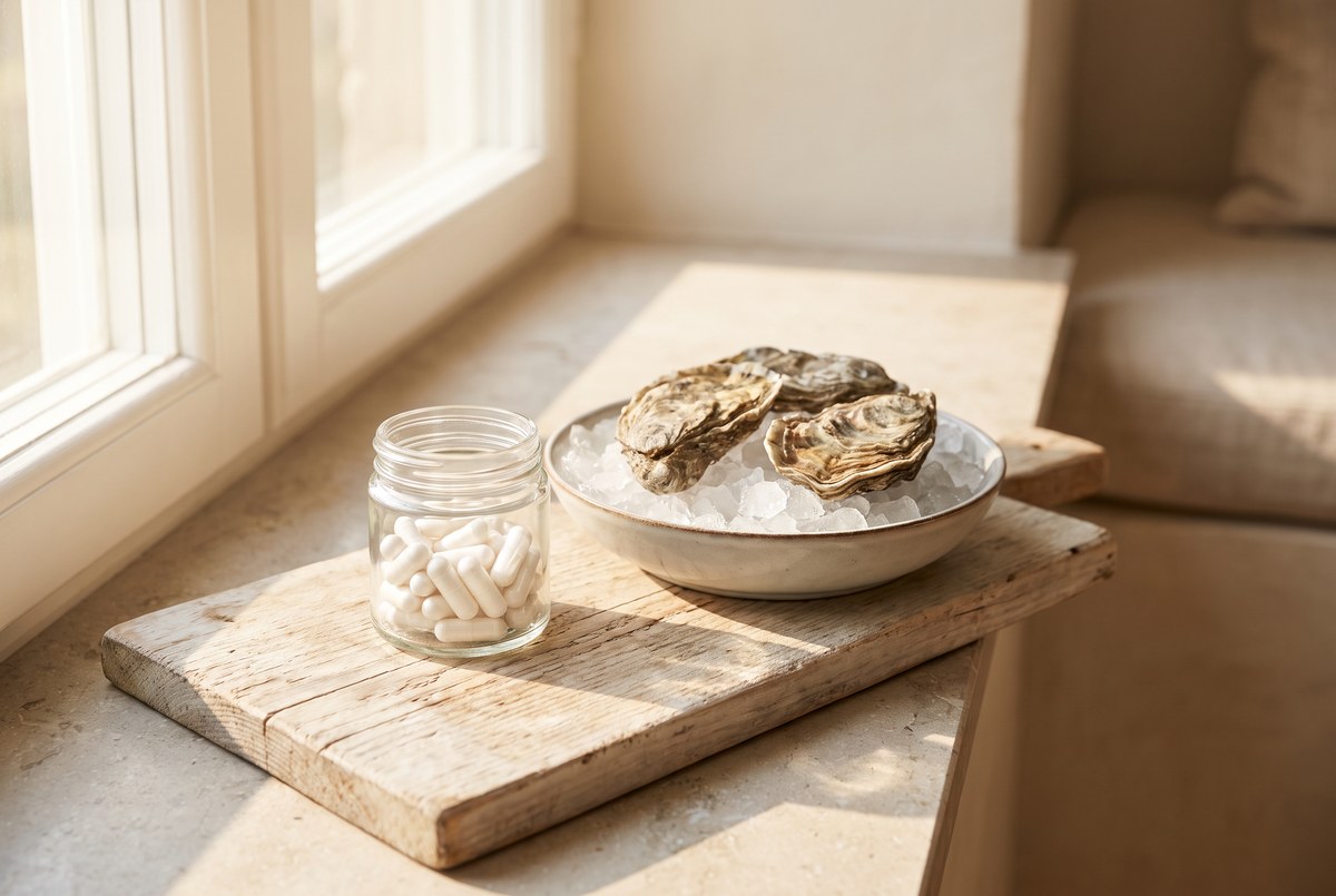 A small glass jar of white capsules beside a few oysters on ice on a rustic wooden board, cool fresh light, photographed for Magellan Longevity's review of zinc! lozenges, stacks, and the cold-virus claim that refuses to die — or to convince.