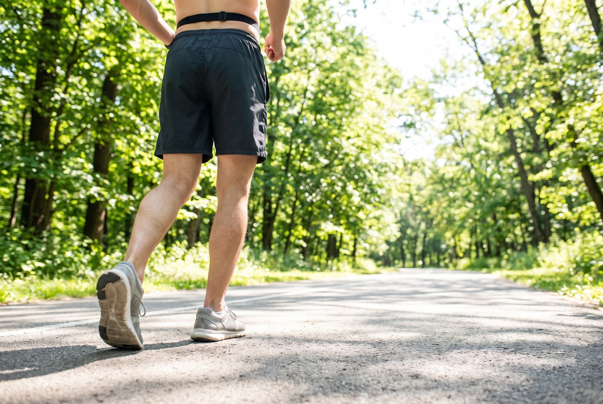 A low view from behind a runner's legs mid-stride on a sunlit paved park path, plain unbranded shoes and shorts with a heart-rate strap at the waist, photographed for Magellan Longevity's evidence review of zone 2 training.