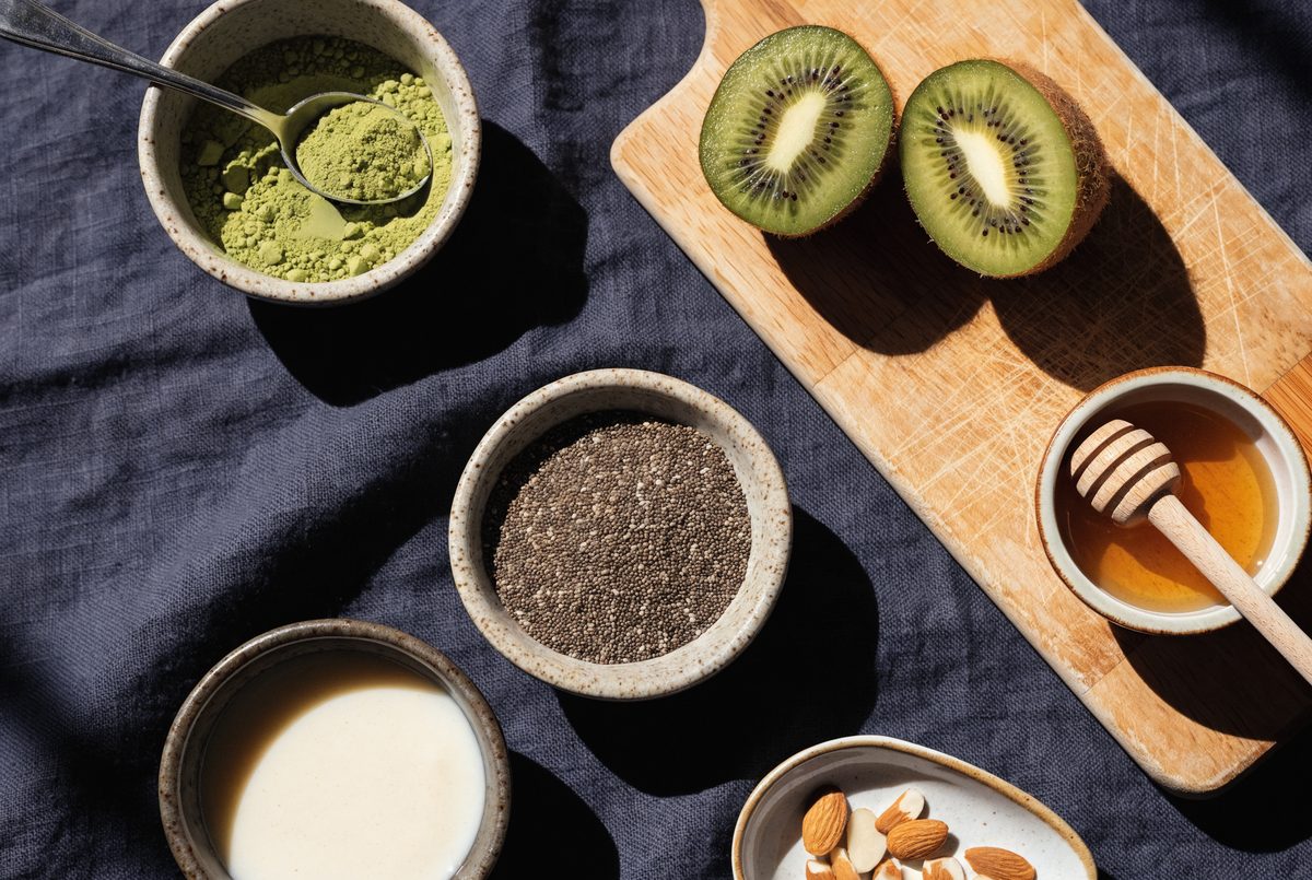 Matcha–Chia Brain Pudding with Kiwi ingredients