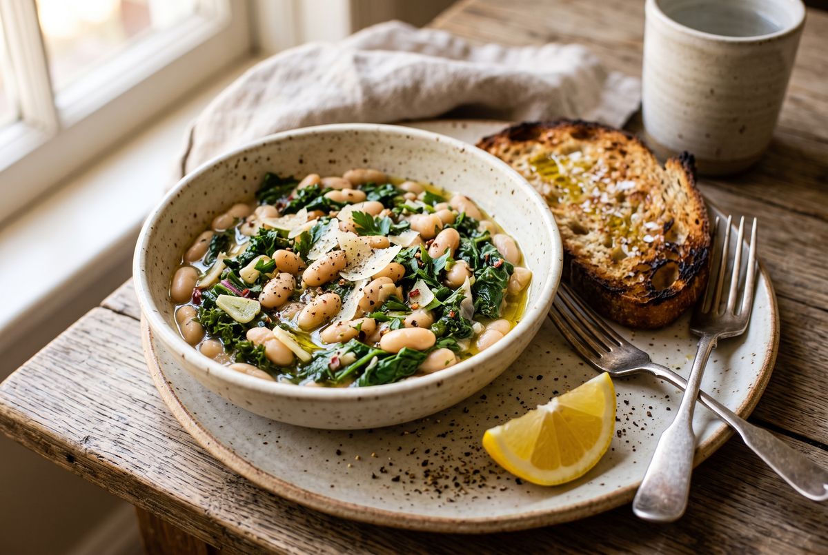 Garlic white bean dish plated with toasted sourdough