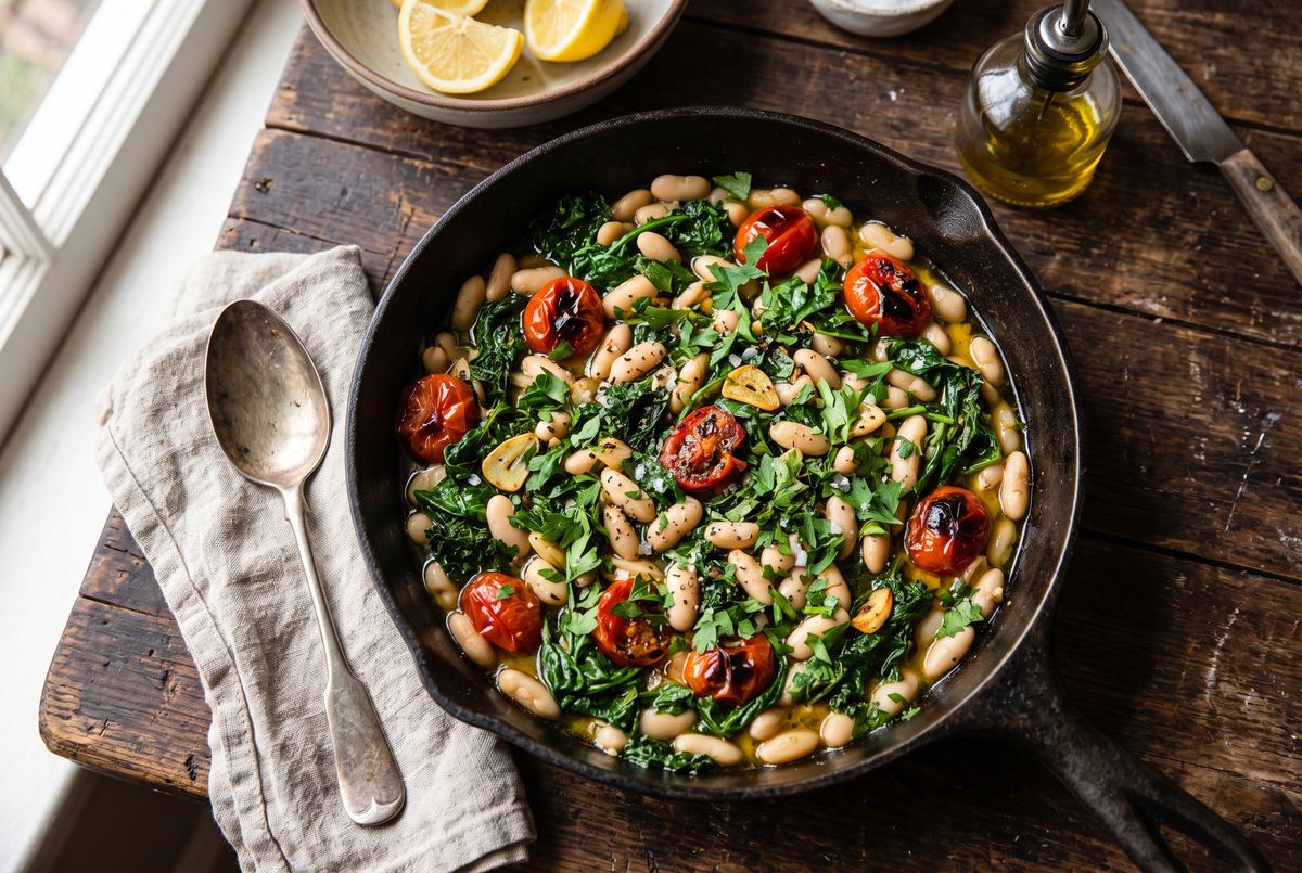 Garlic & White Bean Skillet with Wilted Greens