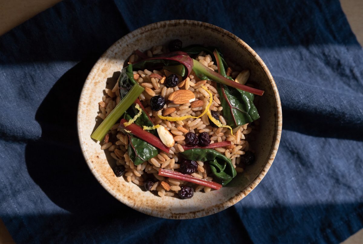 Swiss Chard & Almond Brown Rice Pilaf