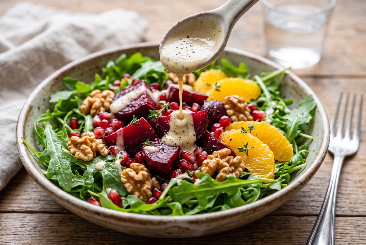 Finished bowl with dressing being drizzled