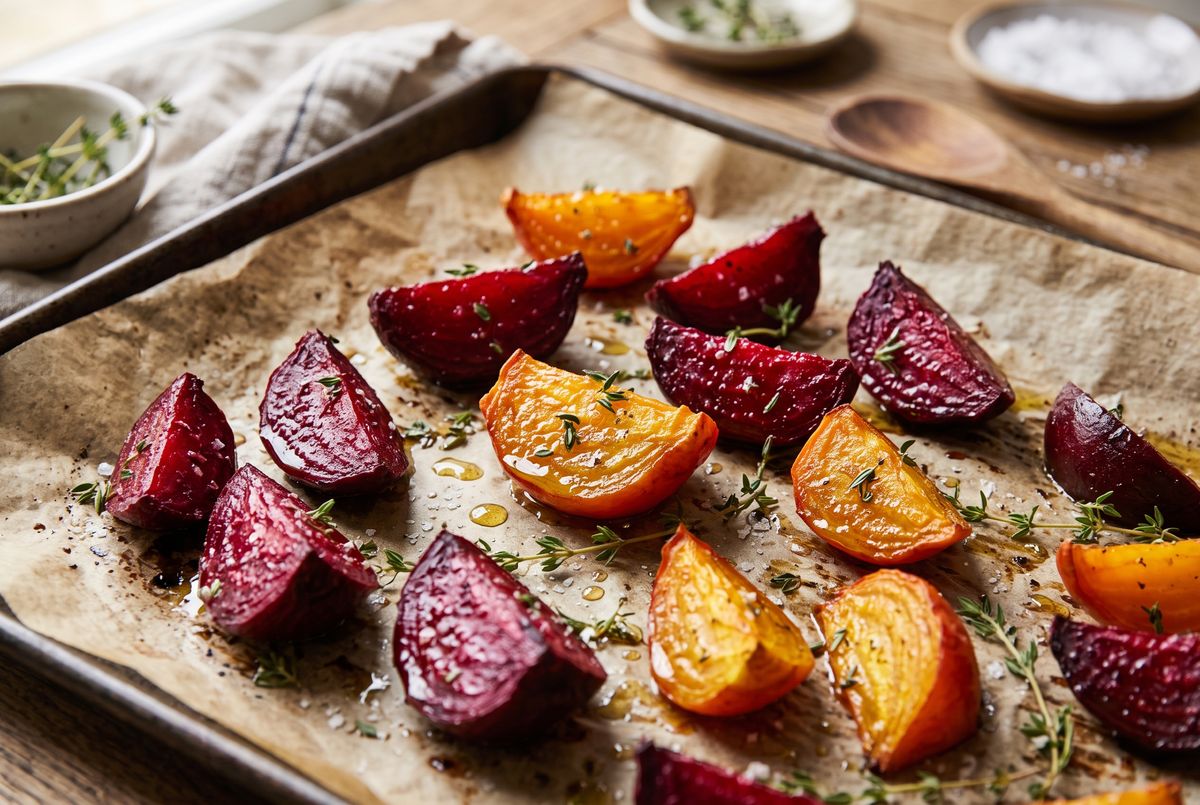 Roasted beet wedges on a tray