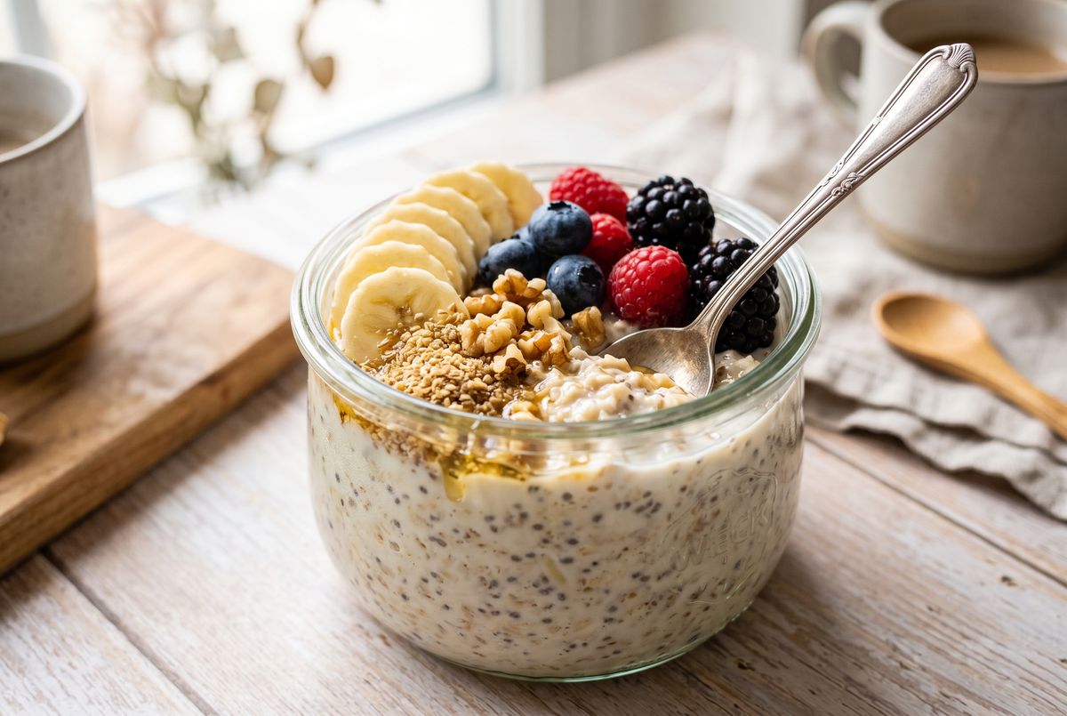 Banana–Berry Overnight Oats with Flax & Walnuts