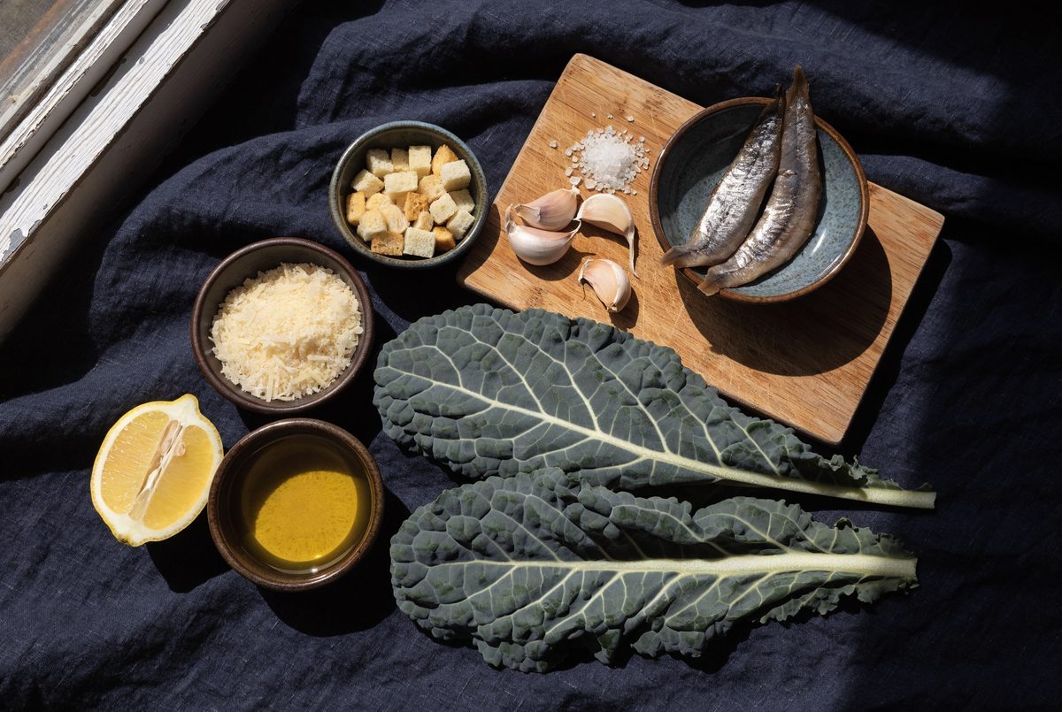 Anchovy & Lacinato Kale Caesar ingredients