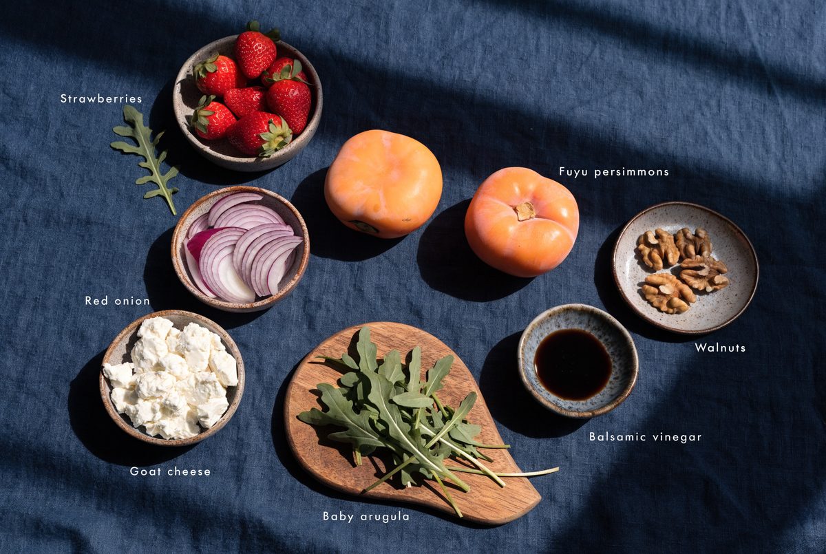 Strawberry, Persimmon & Arugula Fisetin Salad ingredients