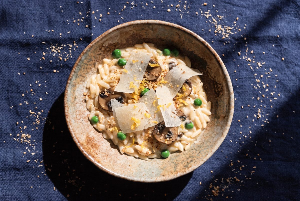 Mushroom, Pea & Lemon Orzo with Wheat Germ