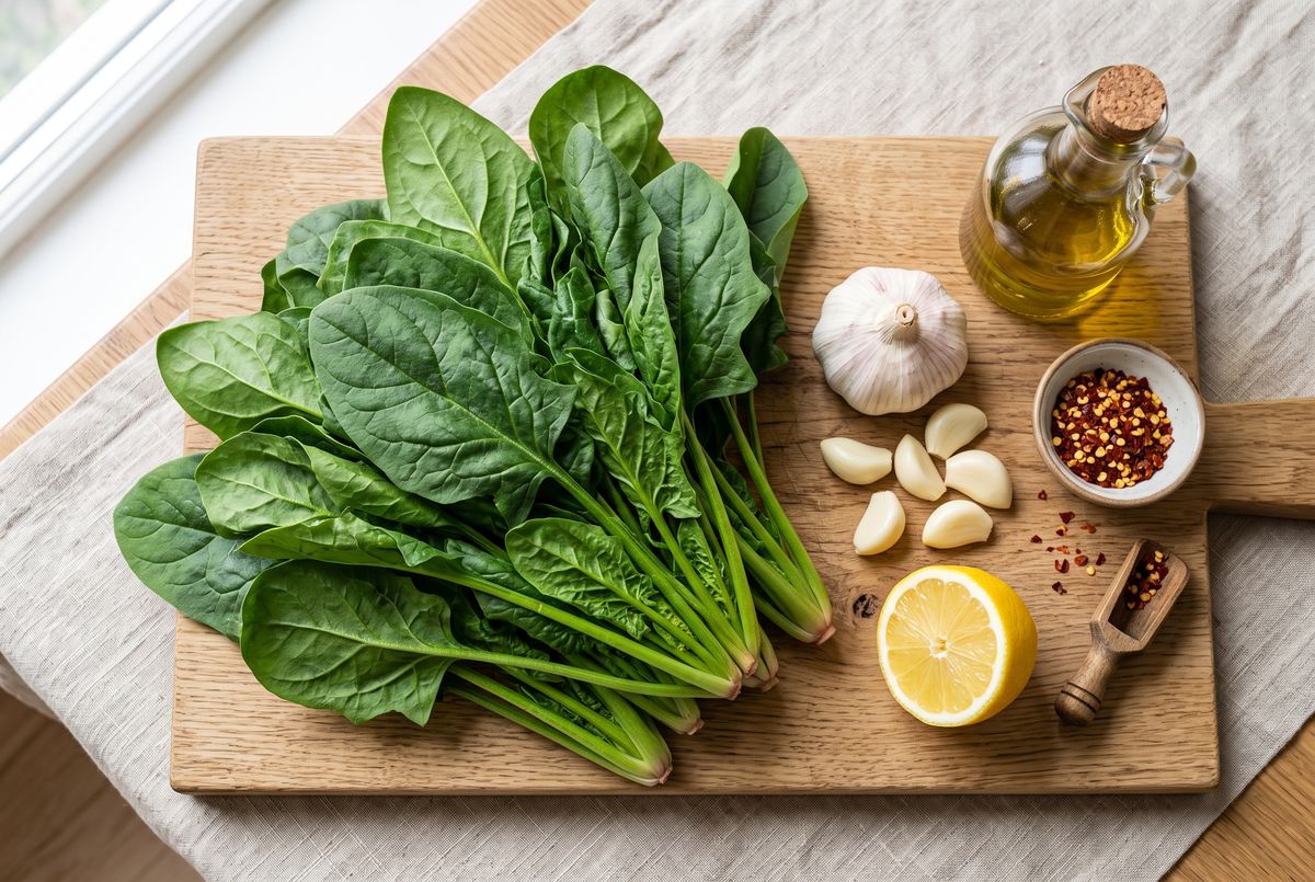 Five-Minute Nitrate Greens: Spinach with Garlic & Lemon ingredients