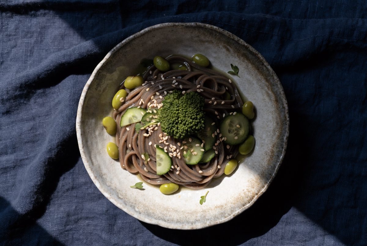 Matcha Soba with Broccoli Sprouts & Edamame