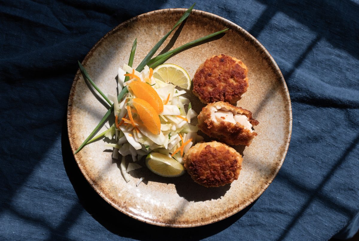 Crab Cakes with Citrus–Cabbage Slaw