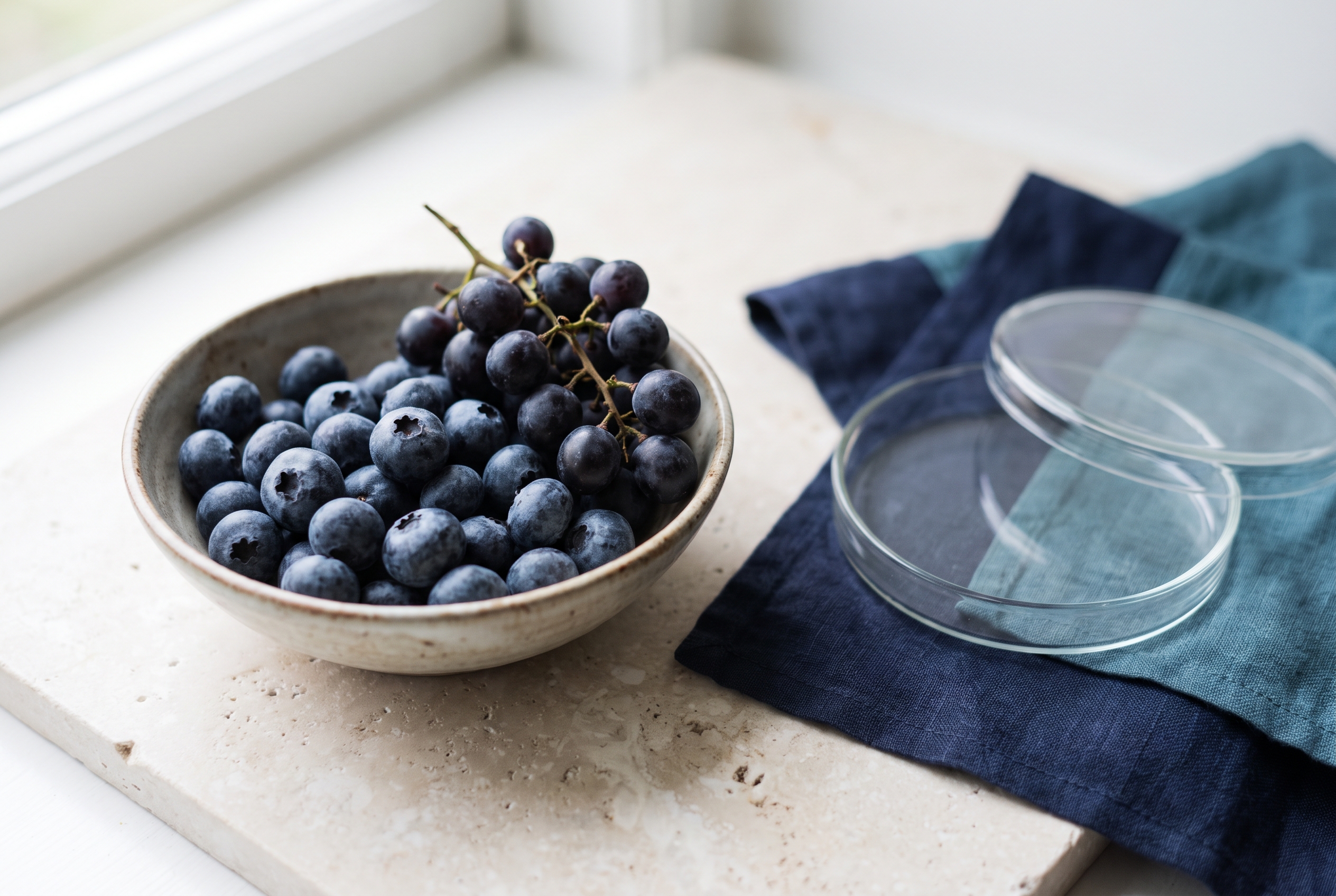 Original Nano Banana Pro editorial still life of blueberries and grapes with a separate laboratory culture plate.